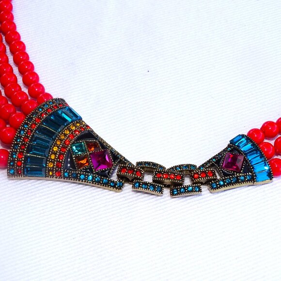 Heidi Daus Necklace & Extender/Bracelet Rhinestone & Faux Coral Bead Multistrand - Picture 5 of 16
